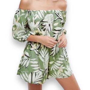 MinkPink Romper Shady Fronds Green Off Shoulder Playsuit Pockets Lined NWT Small